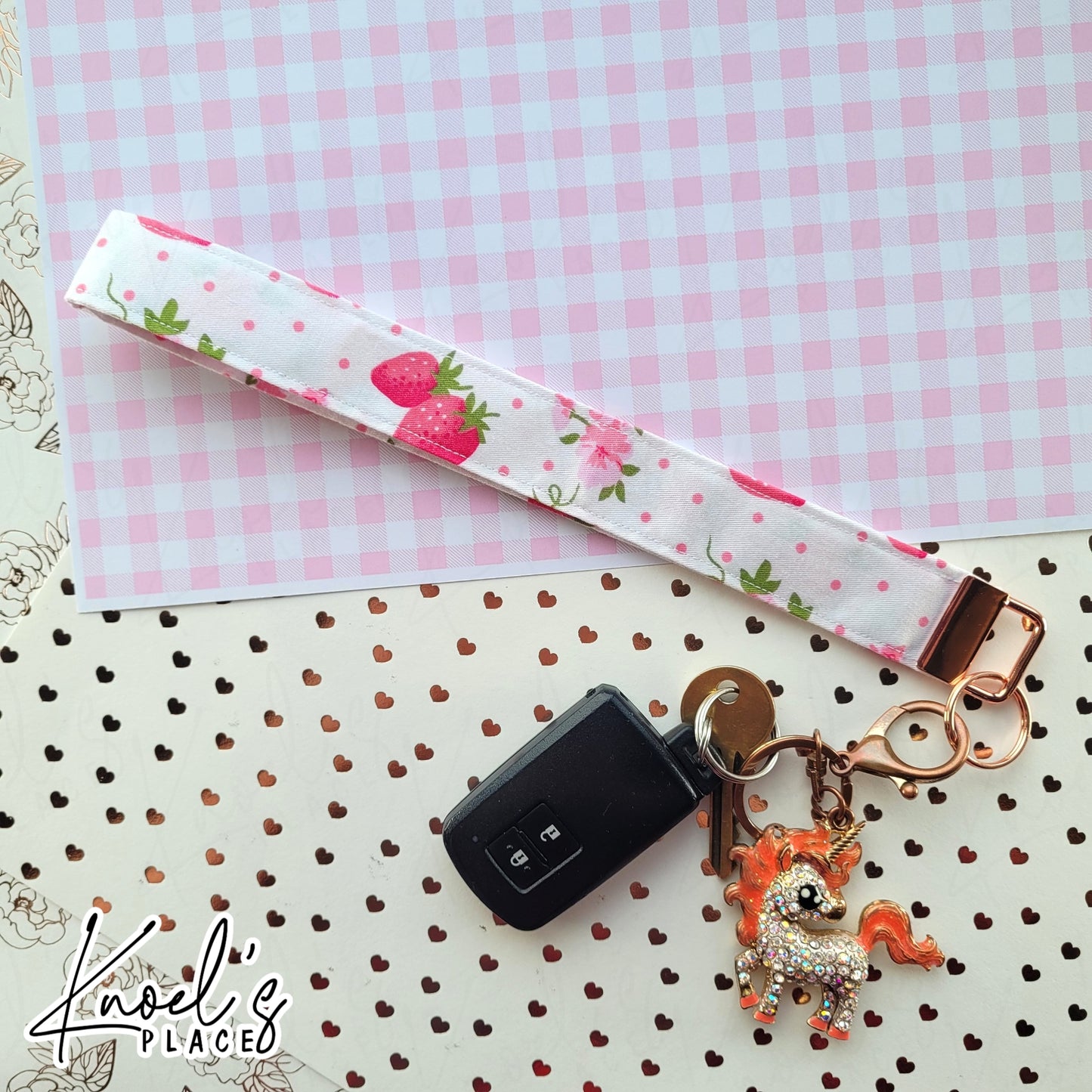 Strawberry Bloom | Handmade Wristlet Keychain Accessory | Stylish Wrist Strap for Keys or Purse