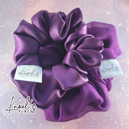 Amethyst Purple Handmade Scrunchies | Double-Layer Satin & Chiffon Oversized or Single Layer Satin Hair Ties | Luxury Hair Accessory