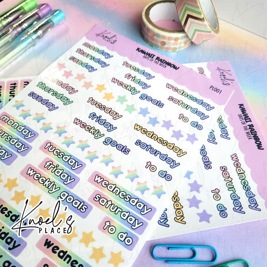 Kawaii Rainbow Days of the Week Pastel Planner Sticker Sheet