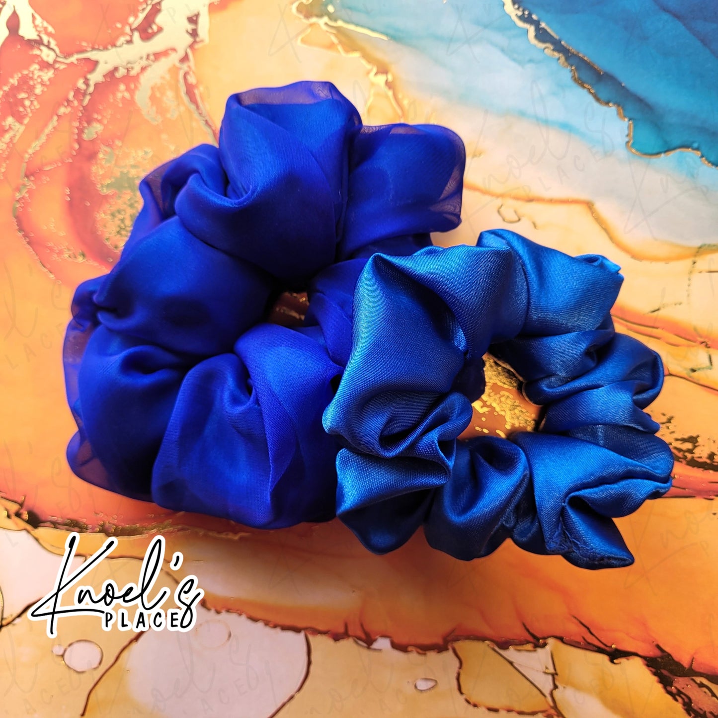 Sapphire Blue Handmade Scrunchies | Double-Layer Satin & Chiffon Oversized or Single Layer Satin Hair Ties