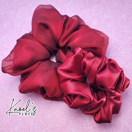 Ruby Red Handmade Scrunchies | Double-Layer Satin & Chiffon Oversized or Single Layer Satin Hair Ties