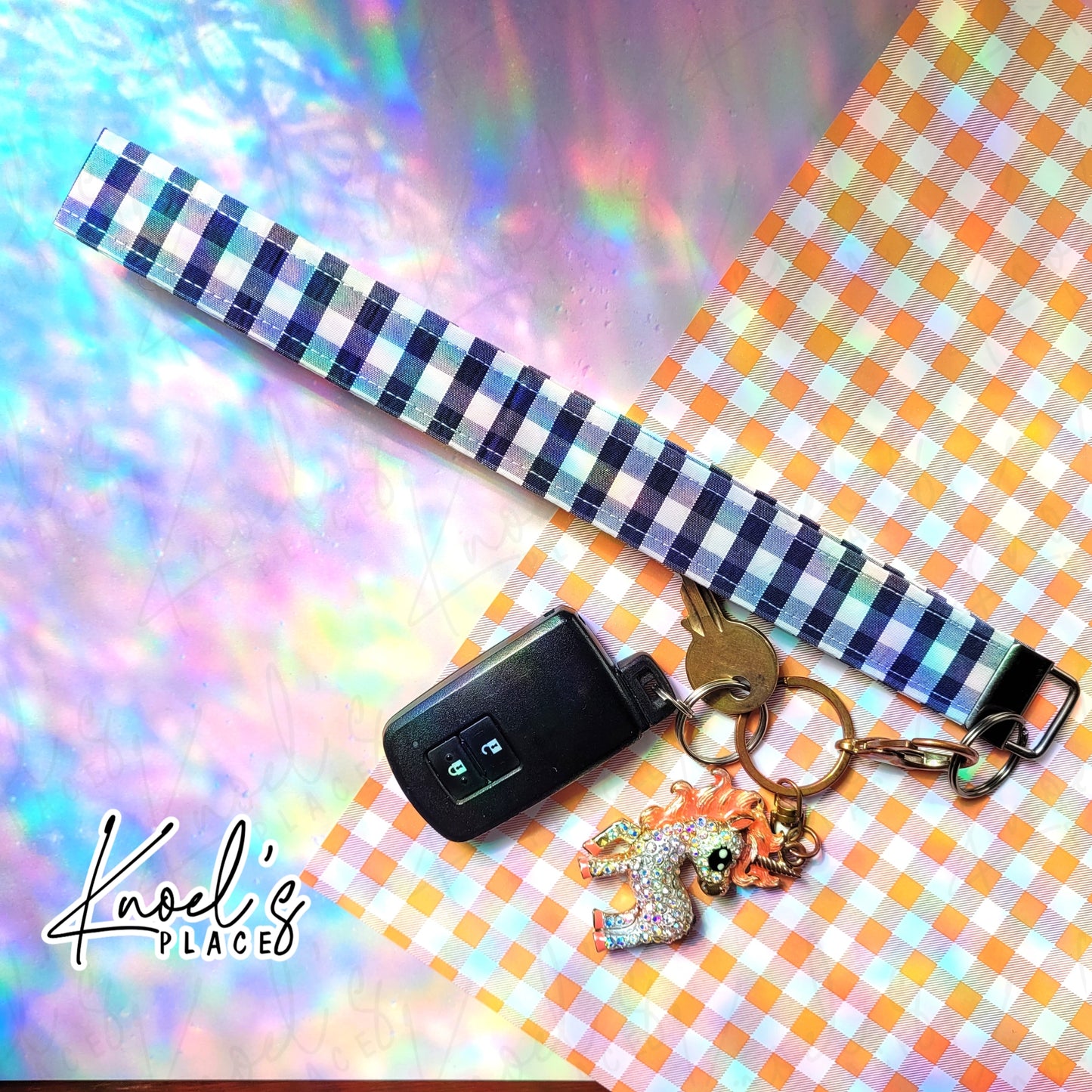 Midnight Snack (Navy) | Neon Picnic Gingham Wristlet Keychain