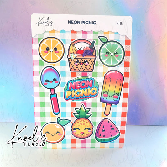 Neon Picnic Character Glossy Sticker Sheet | Kawaii Picnic Pals