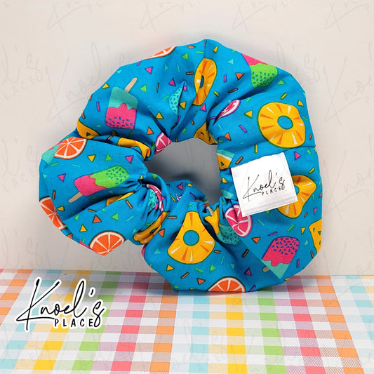 Turquoise Neon Picnic Handmade Cotton Scrunchie