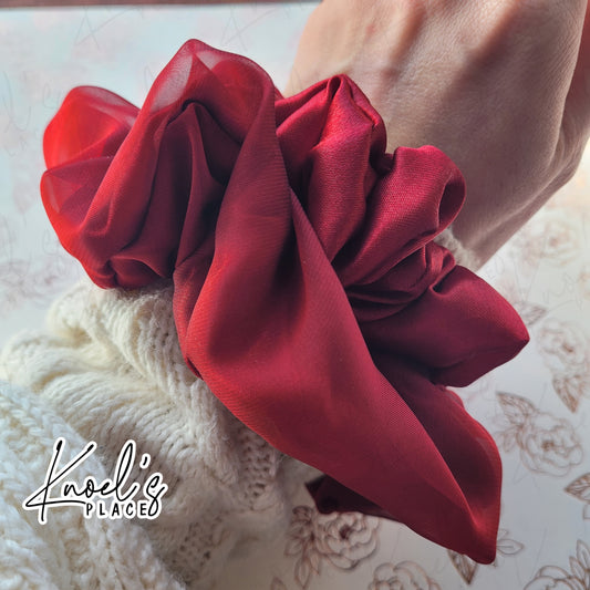 Ruby Red Handmade Scrunchies | Double-Layer Satin & Chiffon Oversized or Single Layer Satin Hair Ties