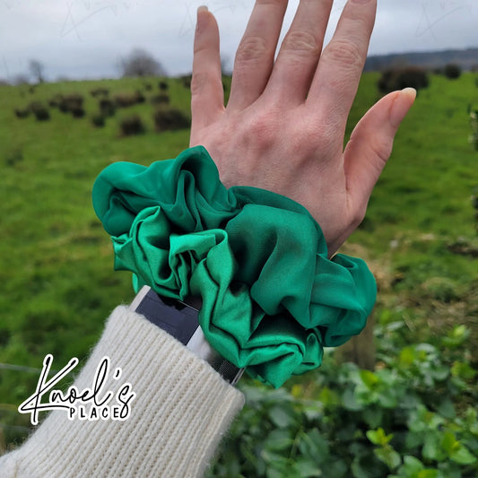 Emerald Green Handmade Scrunchies | Double-Layer Satin & Chiffon Oversized or Single Layer Satin Hair Ties