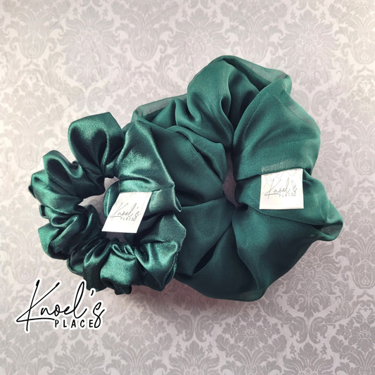 Evergreen Handmade Scrunchies | Double-Layer Satin & Chiffon Oversized or Single Layer Satin Hair Ties