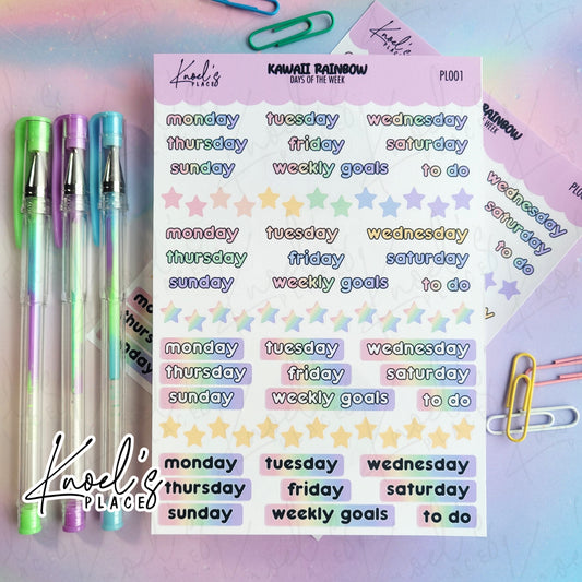 Kawaii Rainbow Days of the Week Pastel Planner Sticker Sheet