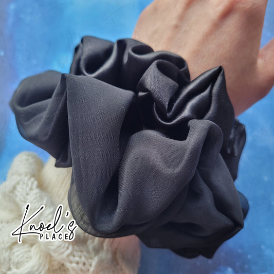 Obsidian Black Handmade Scrunchies | Double-Layer Satin & Chiffon Oversized or Single Layer Satin Hair Ties