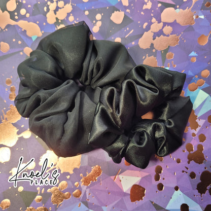 Obsidian Black Handmade Scrunchies | Double-Layer Satin & Chiffon Oversized or Single Layer Satin Hair Ties