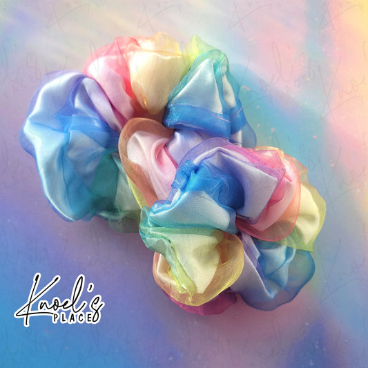 Rainbow Quartz Handmade Scrunchies | Double-Layer Satin & Organza Oversized or Single Layer Satin Hair Ties | Luxury Hair Accessory