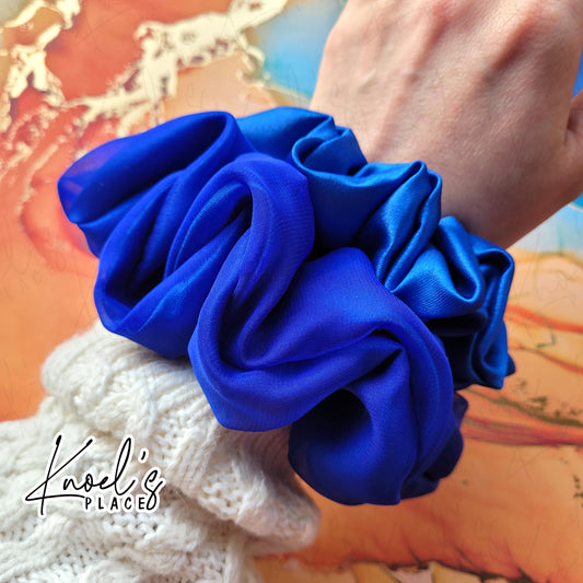 Sapphire Blue Handmade Scrunchies | Double-Layer Satin & Chiffon Oversized or Single Layer Satin Hair Ties