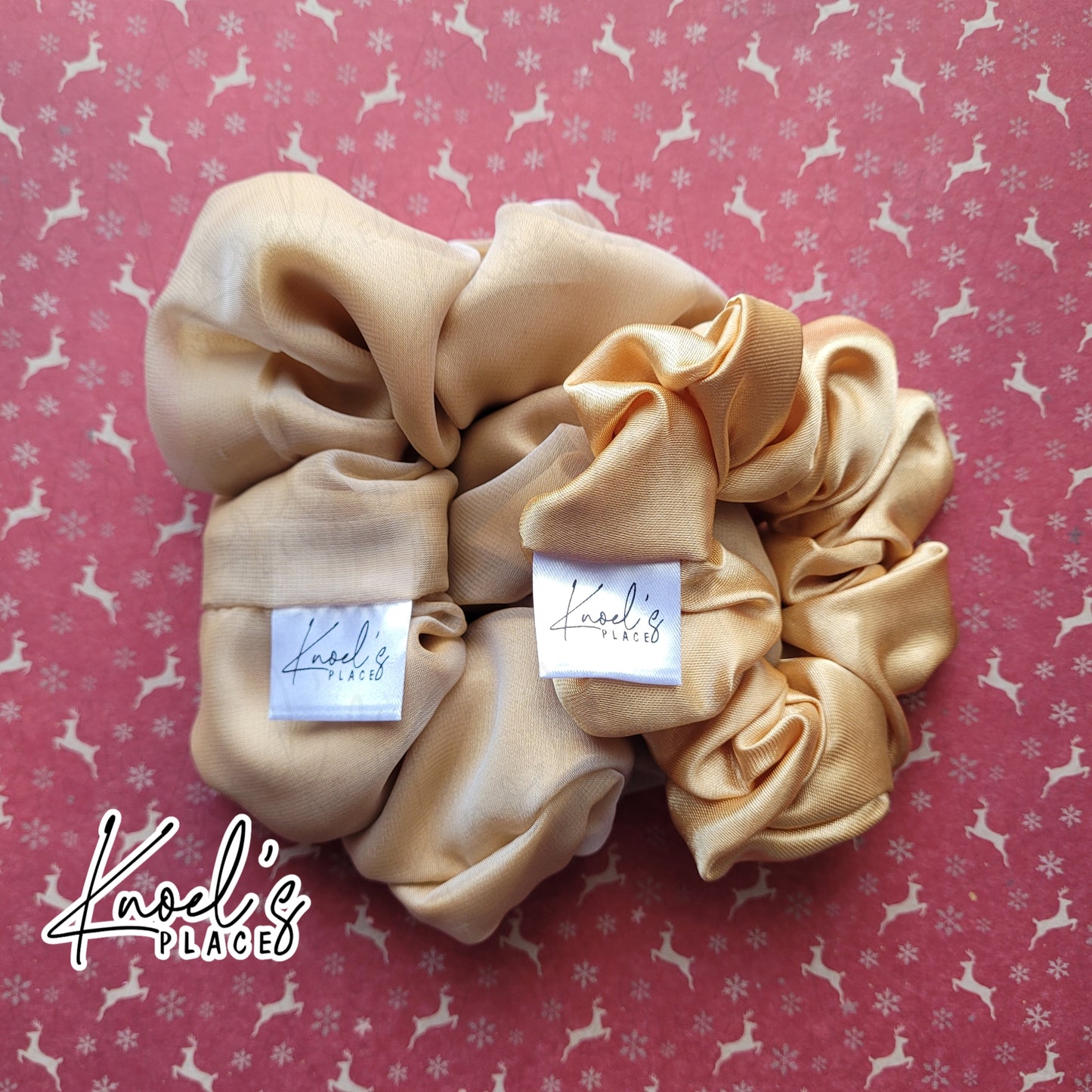 Auld Gold Handmade Scrunchies | Double-Layer Satin & Chiffon Oversized or Single Layer Satin Hair Ties