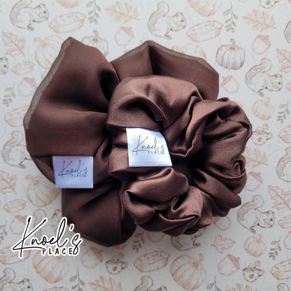 Cocoa Brown Handmade Scrunchies | Double-Layer Satin & Chiffon Oversized or Single Layer Satin Hair Ties