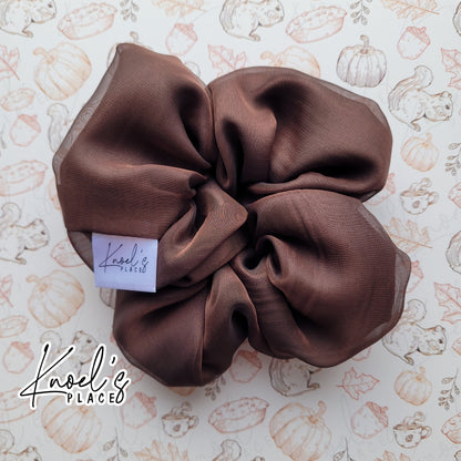 Cocoa Brown Handmade Scrunchies | Double-Layer Satin & Chiffon Oversized or Single Layer Satin Hair Ties
