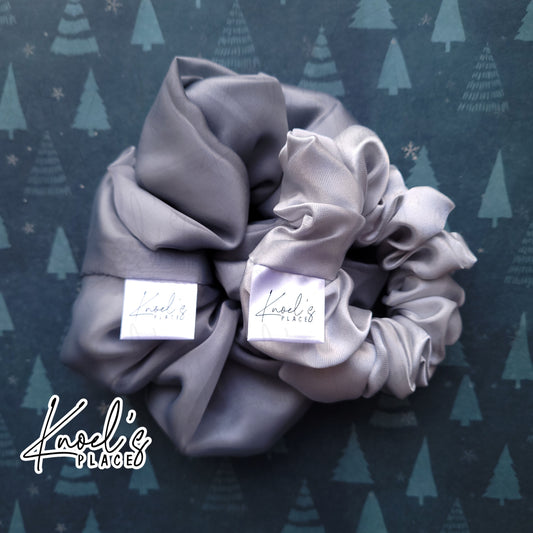Frostbite Silver Handmade Scrunchies | Double-Layer Satin & Chiffon Oversized or Single Layer Satin Hair Ties