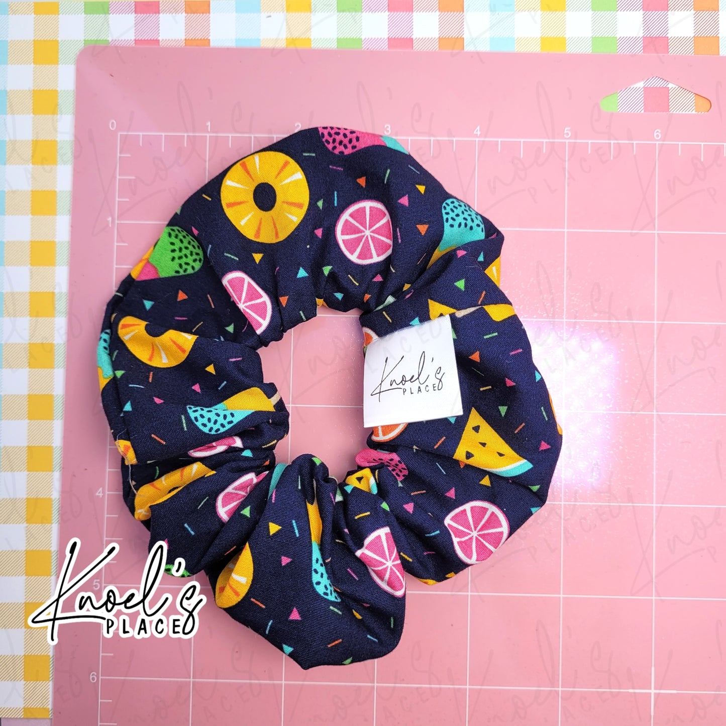 Navy Neon Picnic Handmade Cotton Scrunchie