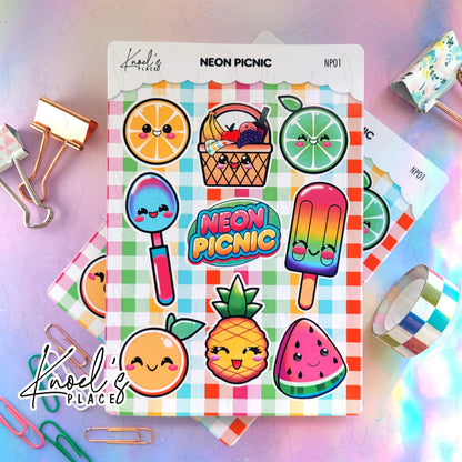 Neon Picnic Character Glossy Sticker Sheet | Kawaii Picnic Pals