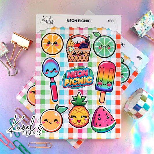 Neon Picnic Character Glossy Sticker Sheet | Kawaii Picnic Pals