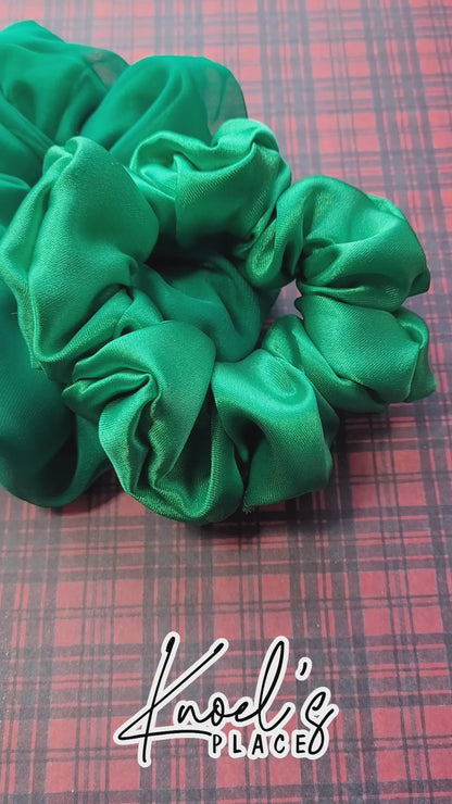 Emerald Green Handmade Scrunchies | Double-Layer Satin & Chiffon Oversized or Single Layer Satin Hair Ties