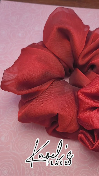 Ruby Red Handmade Scrunchies | Double-Layer Satin & Chiffon Oversized or Single Layer Satin Hair Ties