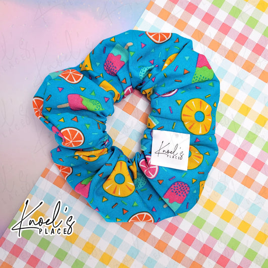 Turquoise Neon Picnic Handmade Cotton Scrunchie