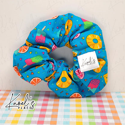Turquoise Neon Picnic Handmade Cotton Scrunchie