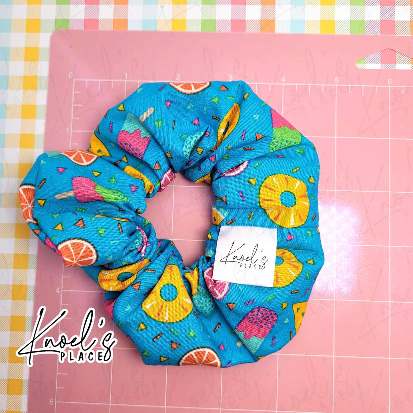Turquoise Neon Picnic Handmade Cotton Scrunchie